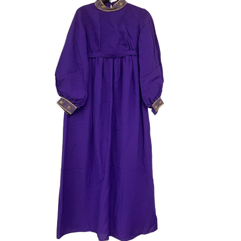 Vintage Womens Dress S Small Maxi Purple Pleated Embroidery empire waist 70s